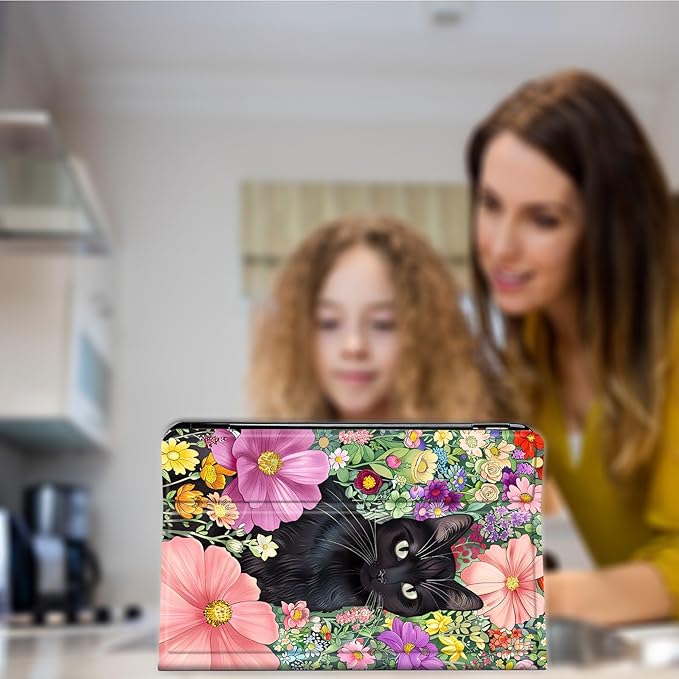 Case for Kindle Paperwhite 12th Generation 7 &amp Kindle ColorSoft Signature Edition PU Leather Protective Cover with Auto Sleep/Wake for Kindle Paperwhite 2024 – Black Cat in The Flowers