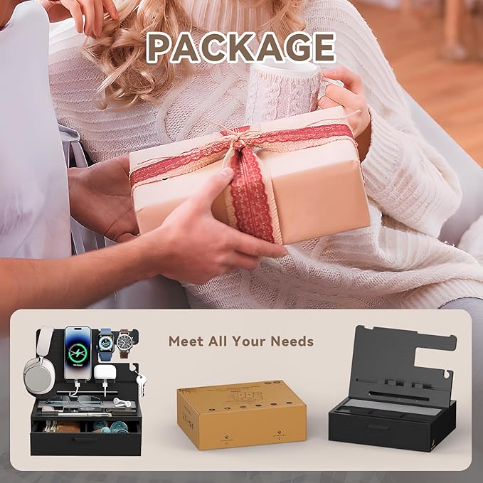 Pezin &amp Hulin Wooden Charging Station Bedside Nightstand Tray with Spacious Drawer Felt Pads for Phones Watch Idea Gifts for Him Birthday Son Christmas for Papa Fathers Day