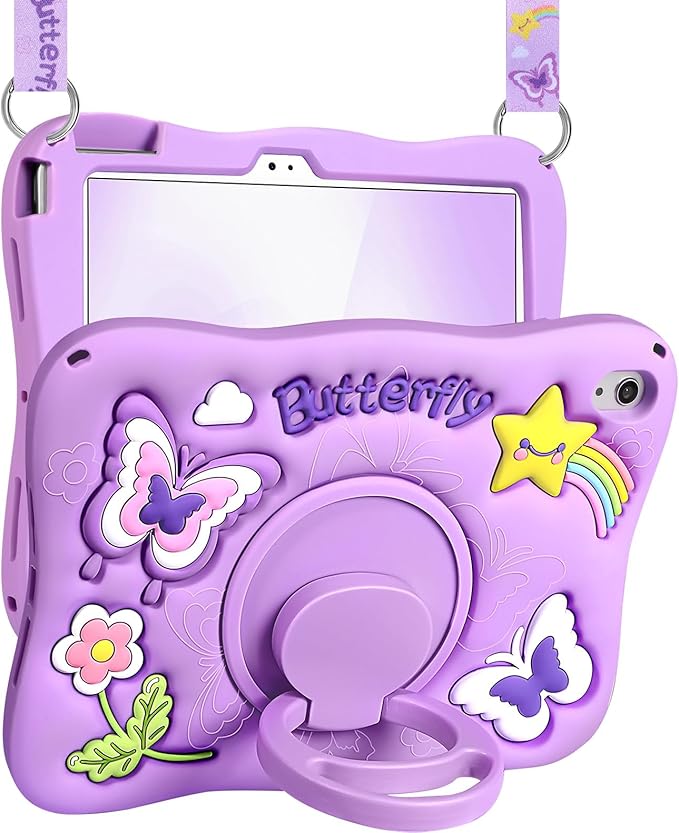 Kidcube for iPad 10th Generation Case 10.9 Inch 2022 for iPad A16 Case 11th Generation 2025 - Girls Cute Kawaii Girly 3D Purple Butterfly Design Cover with Rotating Stand &amp Strap Unique Silicone