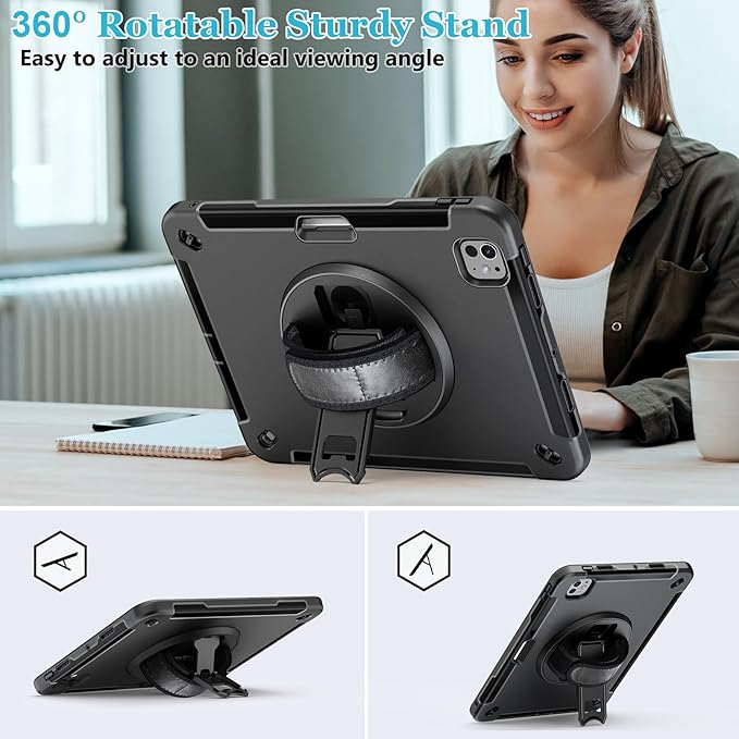 Case for iPad Pro 13 Inch M5 2025/ M4 2024: Military Grade Cover for iPad Pro 13 with Screen Protector - Stand - Handle - Shoulder Strap - Pencil Holder- Black
