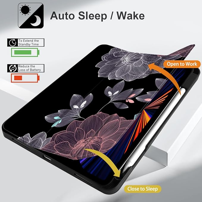 DONGKE Case for 2022/2021/2020/2018 iPad Pro 11 inch Gen 4/3/2/1 - Slim Protective Case - Built in Pencil Holder Support Charging - Trifold Stand &amp Sleep/Wake Cover - Elegant Flowers
