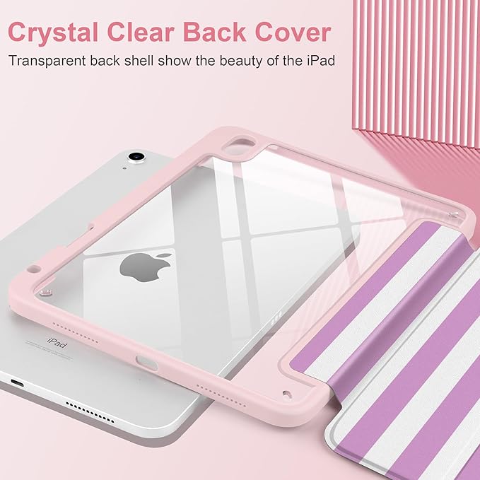 DONGKE Case for iPad (A16) 11th Generation 11 inch 2025 &amp iPad 10th Gen 10.9 inch 2022 [Built-in Pencil Holder] Clear Acrylic Back Trifold Stand Smart Cover Auto Sleep/Wake Lilac Stripes