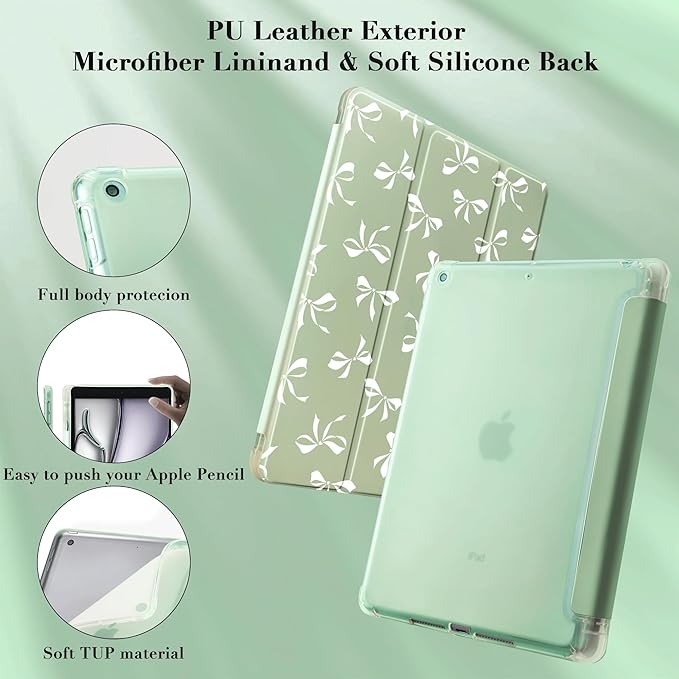 Idocolors Cute White Bow Case for 13 iPad Pro(2024) Tri-Fold Tablet Case with Auto Wake/Sleep &amp Pencil Holder - Vibrant Protective Cover for Women Girls and Teens (Green)