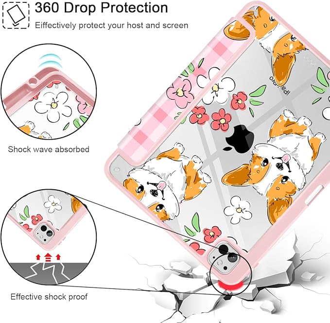 May Chen Case for iPad Pro 11-Inch M5/M4 2025/2024 (6th/5th Generation) [Penceil Holder] Trifold Stand Auto Wake/Sleep Clear TPU Protection Back Cover Corgi Dog Stripes