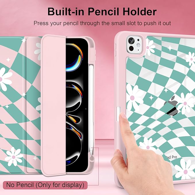 DONGKE for iPad Pro 11-Inch Case (M5 2025 / M4 2024) 6th/5th Generation [Auto Sleep/Wake &amp Pencil Pro Holder] Clear Acrylic Back Smart Trifold Stand Cover Checkered &amp Daisy