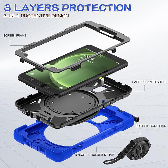 Rugged Case for Samsung Galaxy Tab Active5 5G (SM-X306B/X300) w/ 360° Rotating Hanging Ring Handle Grip Kickstand Heavy Duty Shock-Proof Armor Cover w/Shoulder Strap Stylus Holder (Blue)