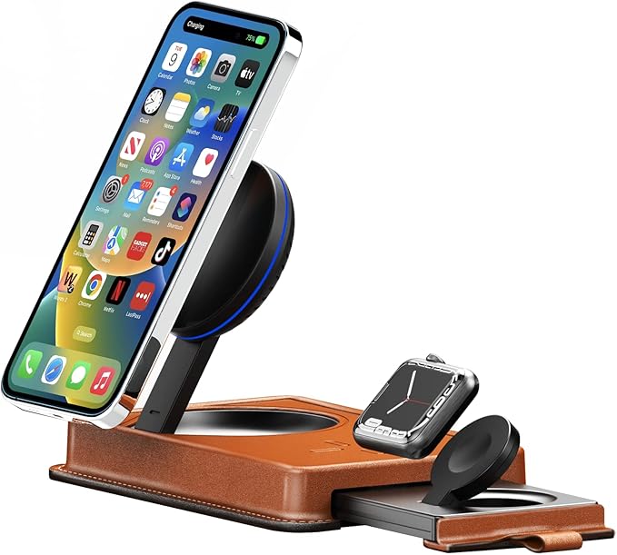 VogDUO 3 in 1 Wireless Magnetic Charging Stand - 15W Charger Dock Station with Genuine Leather 6ft Extension Cables Switchable Nightlight for iPhone AirPods Apple Watch (Tan)