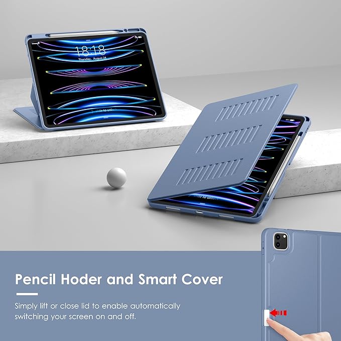 VIKESI Case for iPad Pro 12.9 6th / 5th / 4th / 3rd Generation Case 2022/2021/2020/2018Multiple Angles Magnetic Stand CoverShockproof Soft BackPencil Holderand Auto Sleep/WakeMist Blue