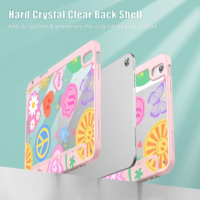 May Chen Case for iPad Air 13 Inch M4 2026 M3 2025 M2 2024 [Built-in Pencil Holder] Shockproof Cover with Clear Transparent Back Shell Auto Sleep/Wake Cover Smile Art