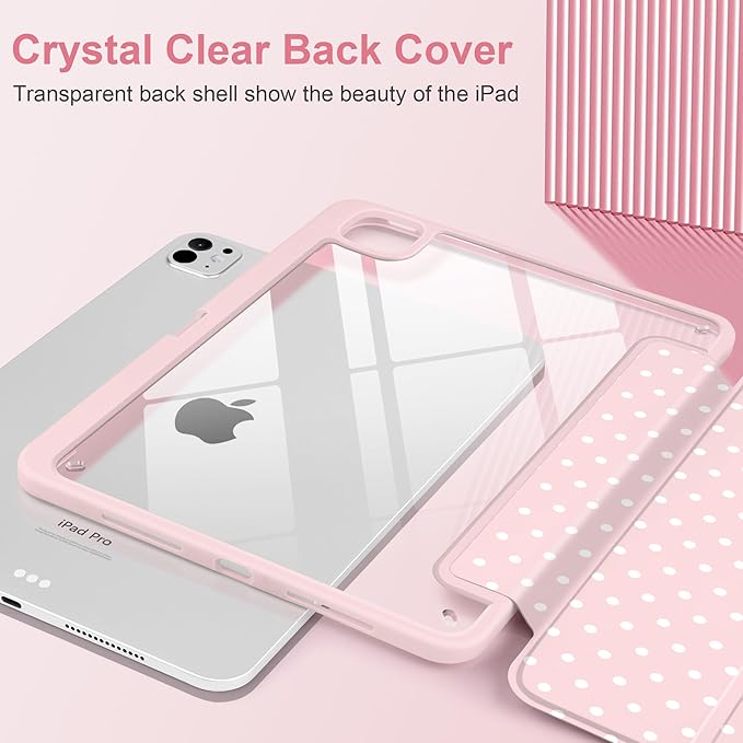 Case for iPad Pro 11 Inch (M5 2025 M4 2024) – [Built-in Pencil Holder] Shockproof &amp Stylish Clear Hard Back + Soft TPU Edge Magnetic Trifold Stand Auto Wake/Sleep Pink White dot