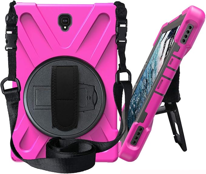 JZ 360 Degrees Kickstand Case Compatible with Samsung Galaxy Tab S4 10.5 (SM-T830T835T837) Stand Case Cover with Wrist Strap and Shoulder Strap - Hot Pink