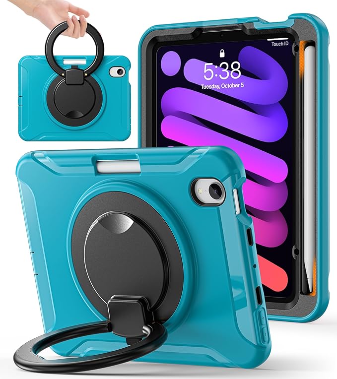 BATYUE Shockproof Case for iPad mini 7 (A17 Pro)/ Mini 6 8.3 inch (2024/2021) - 360° Multi-Angle Stand (Portrait &amp Landscape) &amp Grip Built-in Pencil Holder Lake Blue