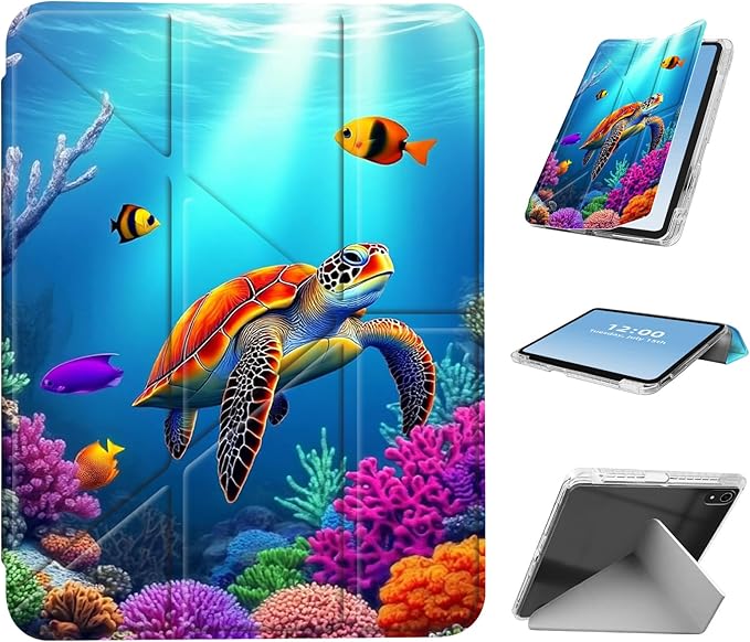 for iPad A16 (11th Generation) Case with Pencil Holder Foldable Y-Shaped Protective Cover Stylish Clear Multi-Angle Viewing &amp Auto Sleep/Wake Sea Turtle and Fish Tablet Case