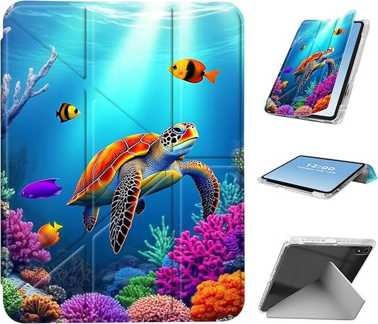 for iPad A16 (11th Generation) Case with Pencil Holder Foldable Y-Shaped Protective Cover Stylish Clear Multi-Angle Viewing &amp Auto Sleep/Wake Sea Turtle and Fish Tablet Case