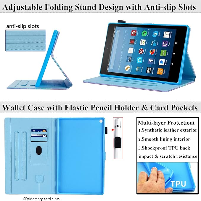 Kindle Fire HD 10 Tablet 2019/2017 Case 9th/7th Generation 10.1 with Pencil Card Holder [Auto Sleep/Wake] Smart Folio Stand Multi-Angle Viewing PU Leather Shockproof Cover Green Flower Owl