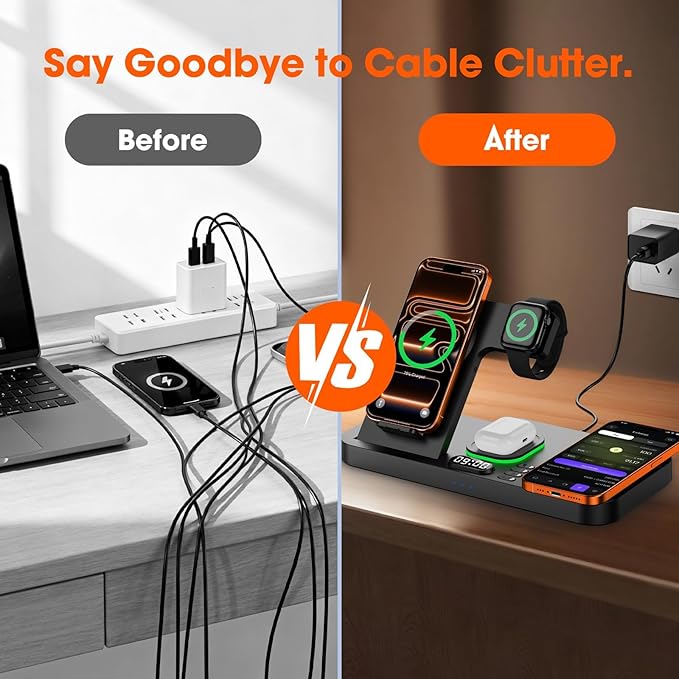 Dual Phone Magnetic Wireless Charging Station for Apple Devices/Apple Ecosystemwith Auto-Switch 7-Color Light &amp Clock Compatible with iPhone 17/16/15 for iWatch 11/10/9 &amp AirPods Pro3（Black