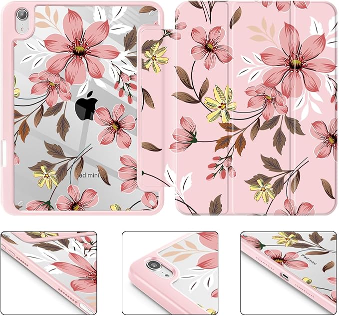 Mektron Printed Case for iPad mini 7 (A17 Pro) 2024/ Mini 6 2021 iPad mini 7th/6th Generation 8.3-inch Liquid Retina Display Cover Buit in Pencil Holder with Clear Back Shell Floral C293