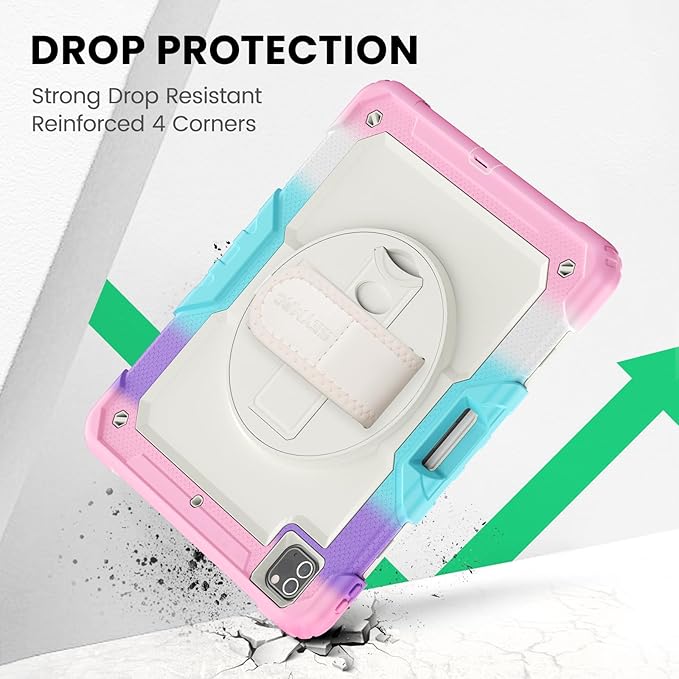 SEYMAC Case for iPad Pro 12.9 2022/2021/ 2020/2018 Heavy Duty Protection Shockproof Case with Screen Protector 360° Rotating Stand/Handle/Shoulder Strap Supports Pencil 2 Charging Colorful Pink