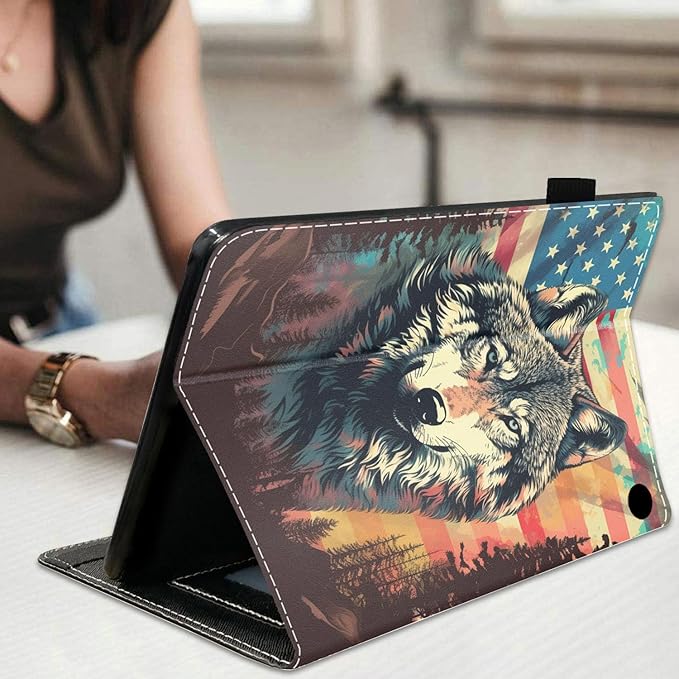 Case for All-New Amazon Fire HD 10 &amp 10 Plus Tablet 10.1 (13th/11th Generation 2023/2021 Release) Slim Stand Folio Cover with Card Slot &amp Auto Wake/Sleep - American Flag Wolf