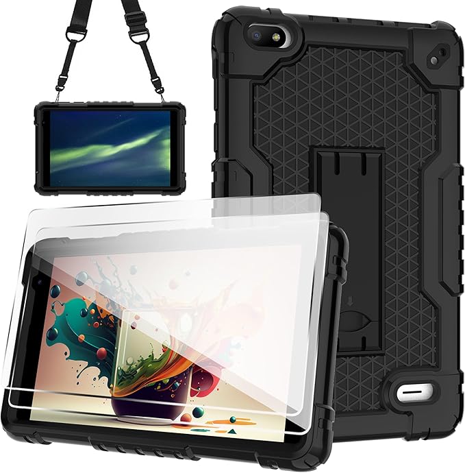 Case for BLU M8L 2022BLU M8L Plus 8 inch Tablet - [Built-in Kickstand] Anti Slip Kids Friendly Shockproof Silicone Protective Cover with Screen Protector (Black/Black/2 PCS)