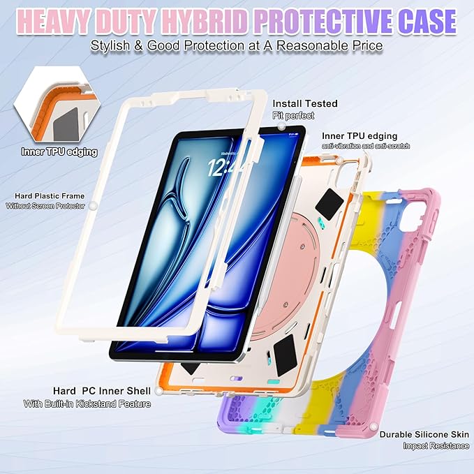 SCSVPN Kids Case for iPad Air 13 inch M4/M3/M2 2026 2025 2024 &amp iPad Pro 12.9'' 6th/5th/4th/3rd Gen 2022 2021 2020 2018 Protective Cover with Pencil Holder-Stand-Handle-Shoulder Strap Colorful P