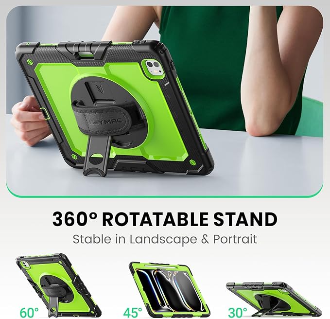 SEYMAC Case for iPad Pro 13 Inch M5 2025 / M4 2024 Heavy Duty Shockproof Protective Case with Screen Protector 360° Rotating Stand Hand/Shoulder Strap and Pen Holder Green