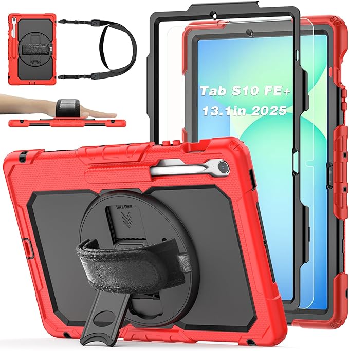 Case for Samsung Galaxy Tab S10 FE Plus 5G Tablet 13.1'' Shockproof Protective Cover with Tempered Glass Screen Protector Rotatable Kickstand S Pen Holder Hand/Shoulder Strap Red