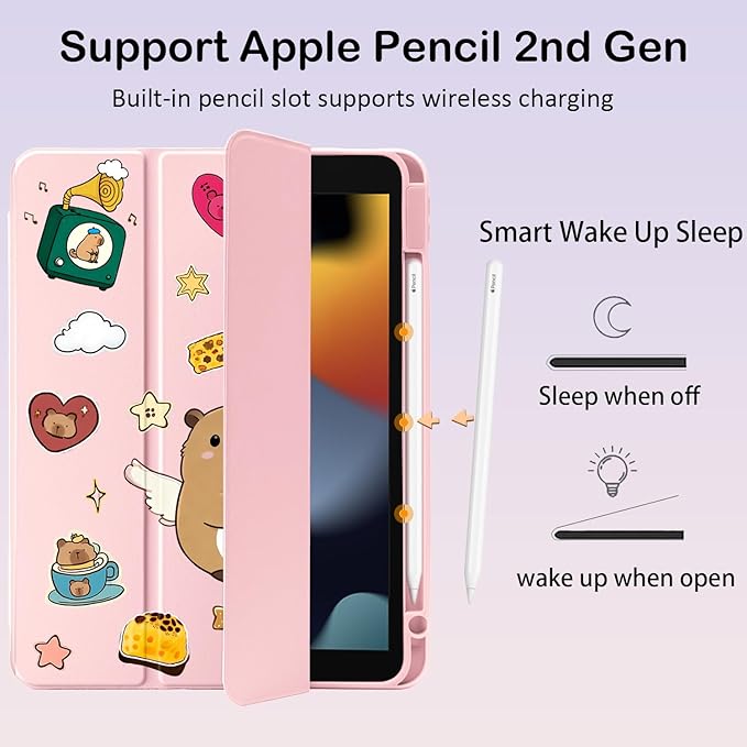 Cute Kawaii Capybara Coffee for iPad Air 11 Inch Case 7th/6th Generation (M3/M2) 2025/2024 with Pencil Holder Auto Sleep/Wake Pink Leather Clear Acrylic Back Cover