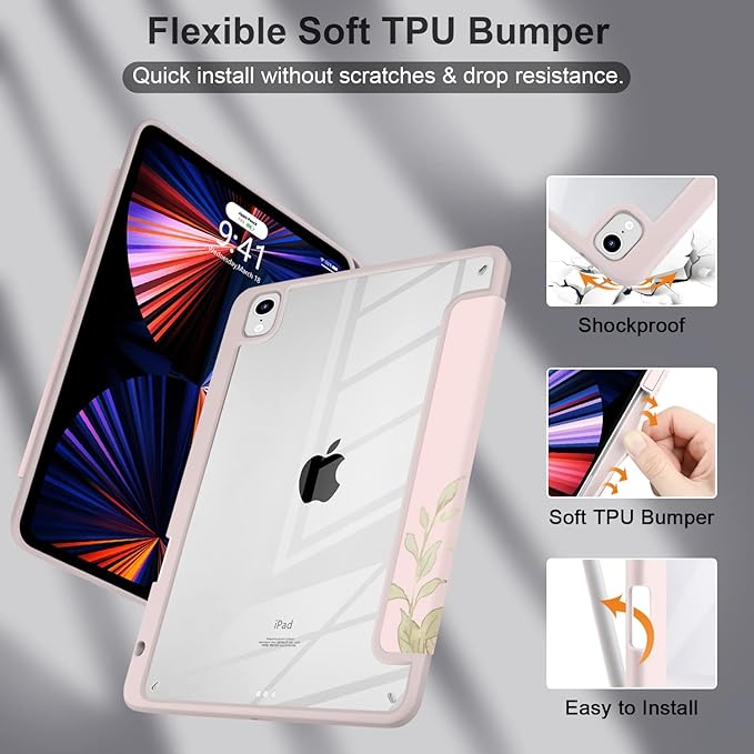 Batianda Hybrid Case for New iPad 11 2025 A16 Chip/iPad 10 2022 10.9-inch [Built-in Pencil Holder] Shockproof Cover with Clear Transparent Back Shell TPU BumperAuto Sleep/Wake Pink Flower