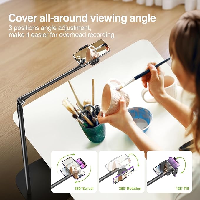 elitehood Floor Phone Stand Overhead Video Recording 360 Degrees Swivel Tilt Adjustable iPhone Stand for Bed Chair Desk Floor Phone Holder Compatible with iPhone 15 14 13 12 Android Phone