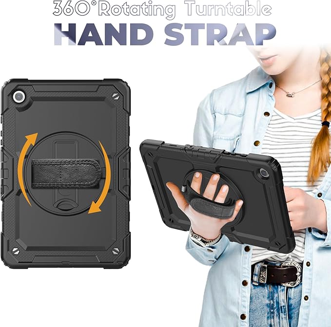 Bundle of Case for Samsung Galaxy Tab A9 Plus 11 Inch 2023 with Tempered Glass Screen Protector Pencil HolderBLOSOMEET Galaxy A9+ Plus Tablet Case with Shoulder Strap Hand Strap&ampStandBlack