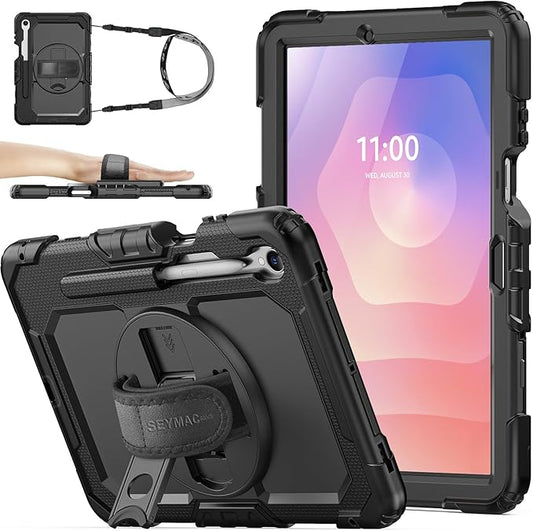 SEYMAC stock Case for Samsung Galaxy Tab S11 Tablet Case 11'' Protective with Screen Protector Pencil Holder 360 Degree Rotate Kickstand Hand Strap Shoulder Strap Black