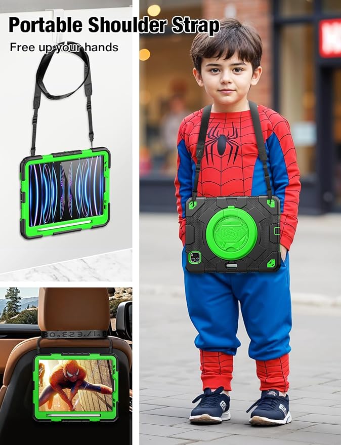 SCSVPN Kids Case for iPad Air 5th/4th Generation 10.9-inch 2022/2020 iPad Pro 11'' 4th/3rd/2nd/1st Gen 2022 2021 2020 2018 Protection Case with Pen Holder Stand Handle Shoulder Strap Black Green