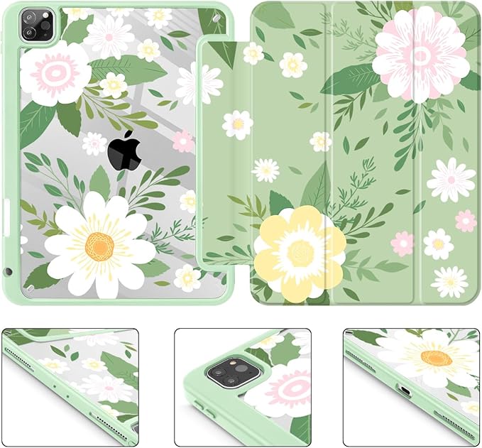 Tuiklol Case for iPad Pro 12.9 Inch M2 Case 2022 2021 2020 2018 Generation 6th/5th/4th/3rdBuilt-in Pencil 2nd Holder Clear Transparent Protective Back Shell Cover Flowers Green
