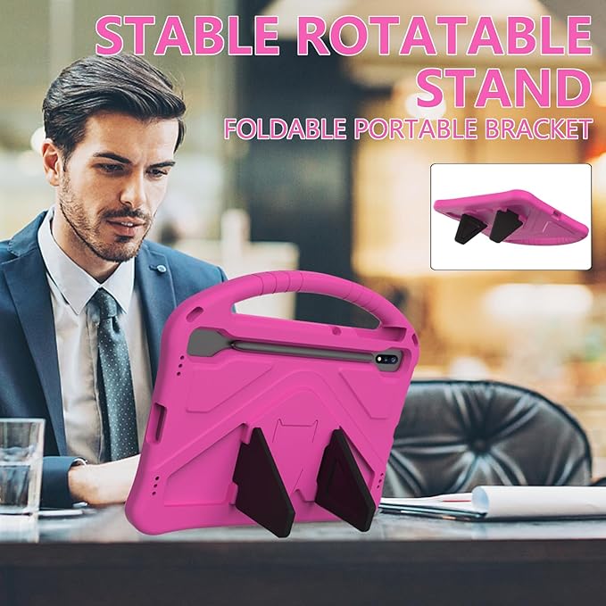 Kids Stand Case for Samsung Galaxy Tab S7 Plus 12.4 inch 2020 Model (SM-T970/T975/T976/T978) with S Pen Holder/Kickstand/Handle Soft EVA Shockproof Lightweight Cover for Tab S7+ 12.4 Rose