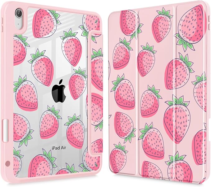 Case for iPad Air 11'' (M4 2026/M3 2025/M2 2024)/ iPad Air 10.9'' Air 5th /4th Gen Shockproof Cover with Clear Back Shell &amp Penceil Holder Auto Wake/Sleep Stand Cover Strawberries