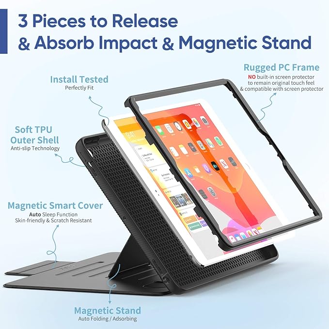 SEYMAC stock Case for iPad 6th/5th Generation/Air 2/Pro 9.7'' Strong Magnetic Auto Sleep Shockproof Case with Absorbing Multi-Angles Stand Pen Holder Card Slot (Black)