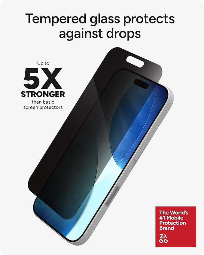 ZAGG Glass Elite Privacy Screen Protector for iPhone 17 - 5X Stronger Tempered Glass ClearPrint Technology for Smudge Free Clarity Smooth Feel Full Coverage InvisibleShield Easy Two-Step Installa