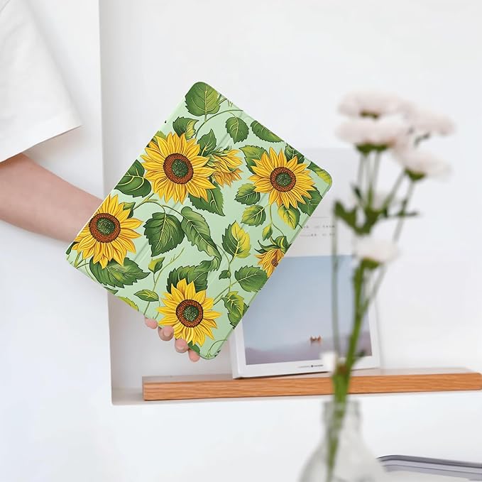 Cute Sunflower Floral for iPad Pro 11 Inch Case (M5/M4) 2025/2024 with Pencil Holder Auto Sleep/Wake Green Leather Soft TPU Back Cover