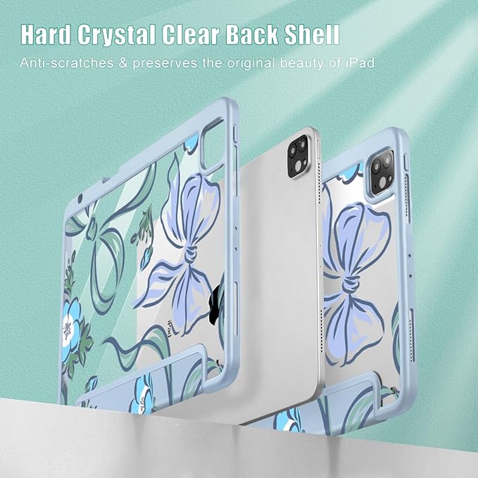 Mektron Case for iPad Pro 11 inch (4th 3rd 2nd &amp 1st Gen) 2022 2021 2020 2018 Buit in Pencil Holder with Shockproof Cover Clear Shell + Trifold Stand + Auto Wake/Sleep Bows C355