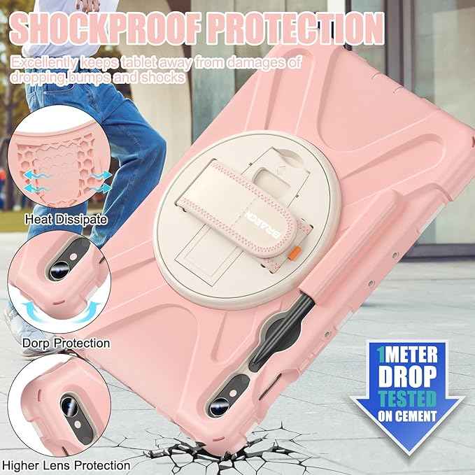 BRAECNstock for Samsung Galaxy Tab S10 Lite/ S10 FE/ S9 FE/ S9/ S8/ S7 5G Case 10.9/11 Shockproof Protective Kids Case with Pen Holder Rotating Hand Strap &amp Stand Shoulder Strap Sakura Pink