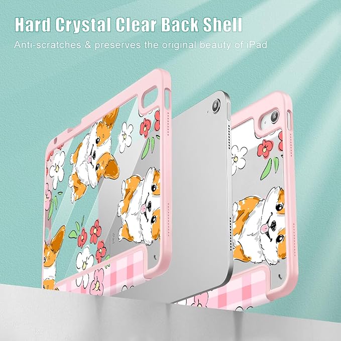 May Chen Case for iPad Air 13 Inch M4 2026 M3 2025 M2 2024 [Built-in Pencil Holder] Shockproof Cover with Clear Transparent Back Shell Auto Sleep/Wake Cover Corgi Dog Stripes