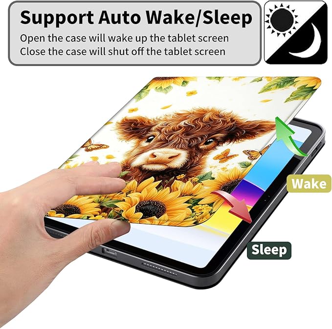 Case for Amazon Kindle Fire HD 10 and Fire HD 10 Plus 10.1 Tablet Case (13th/11th Generation 2023/2021 Release) Slim Fit PU Leather Cover with Auto Sleep/Wake - Sunflowers Highland Cow
