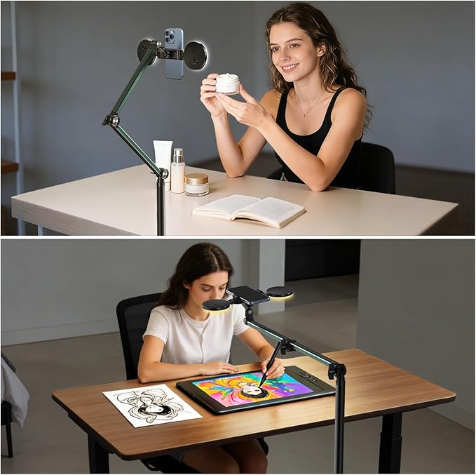 Overhead Phone Mount with Light Cell Phone Stand for Video Recording 360 Degrees Swivel Tilt Adjustable Floor Camera Filming Tripod. Content Creator Phone Holder for iPhone/Android (L11)