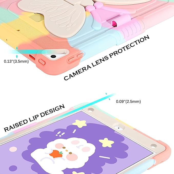 for iPad 9th/8th/7th Generation 10.2 inch Butterfly Case Cute iPad Air 3 10.5 Kawaii Girly Soft Silicone Protective Cover for Kids Girls Women w/Stand Shoulder Strap Pencil Holder Colorful