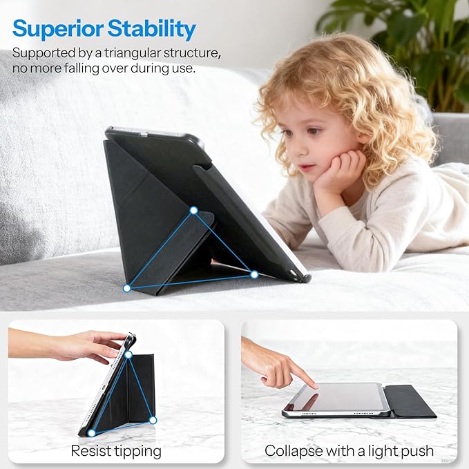 SPARIN Magnetic Case for iPad A16 11th/10th Gen (2025/2022) Origami Stand Cover with Auto Sleep/Wake Multi-Angle Viewing Hidden Pencil Holder Ultra Slim Lightweight &amp Stable on Sofa/Bed - Blac