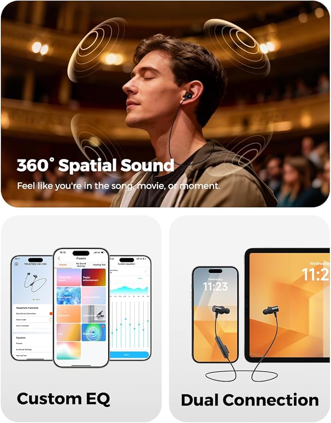 Truefree Wireless Earbuds HD-100 Bluetooth 6.0 Sport Earphones Magnetic Wireless Headphones 11mm Driver Spatial Audio IP67 Waterproof 20H Playtime AI Enhanced Calls App Control Dual Connection