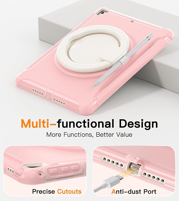 BATYUE Case for iPad 6th Generation 9.7 inch 2018 iPad 5th Gen 2017 iPad Air 2/ iPad Pro 9.7''Shockproof Protective Cover with Pencil Holder &ampRotating Kickstandfor KidsGirls (Cheery Pink)