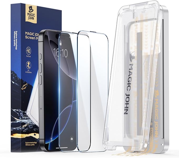 MAGIC JOHN 3rd Gen Upgraded for iPhone 16 Pro Screen Protector 6.3 Inch HD Clear Shatterproof Tempered Film Auto Dust-Elimination Bubble Free Easy Installation 2 Pack