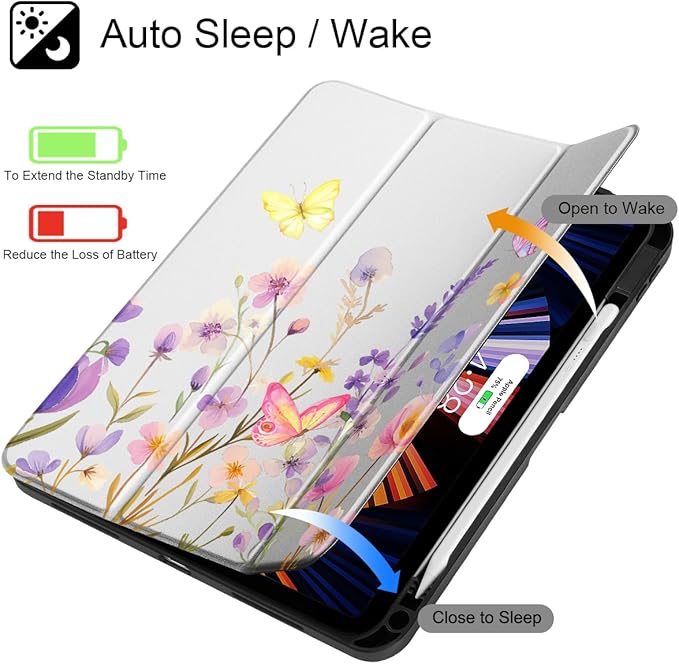 Tuiklol Case for iPad 11 inch (A16 Chip) 2025 Generation 11th / iPad 10.9 inch 2022 10th Gen Buit in Pencil Holder with Shockproof Cover Clear Transparent Back Shell Auto Wake/Sleep Purple Flower